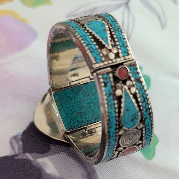 Turquoise and Coral Stone Tibetan Silver Bracelet - Picture 6 of 11
